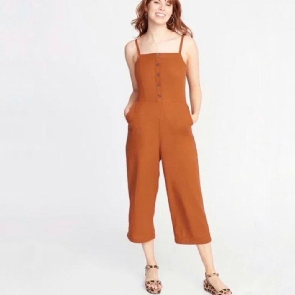 Old Navy Rust Brown Button-Front Cropped Jumpsuit